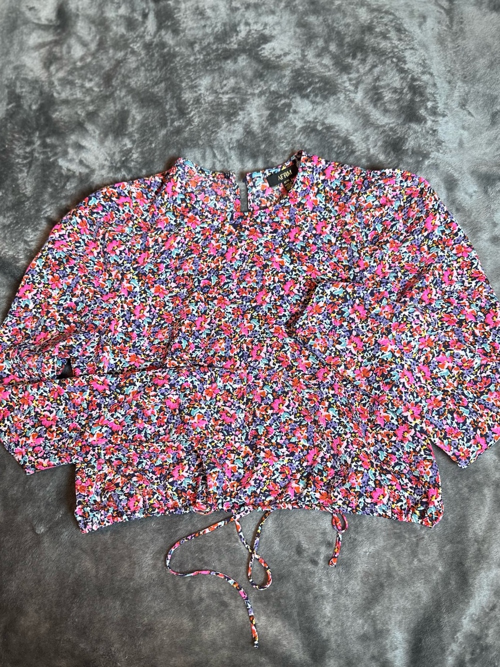 New AFRM pink purple floral drawstring open back top, size Medium